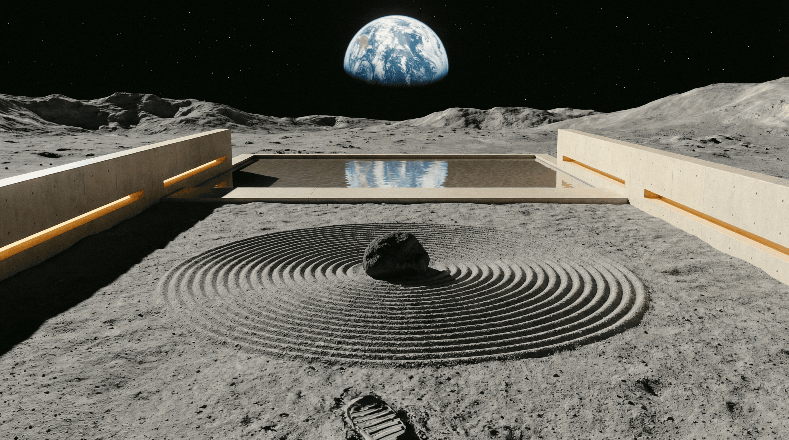 Lunar Zen garden — raked regolith, Earth rising